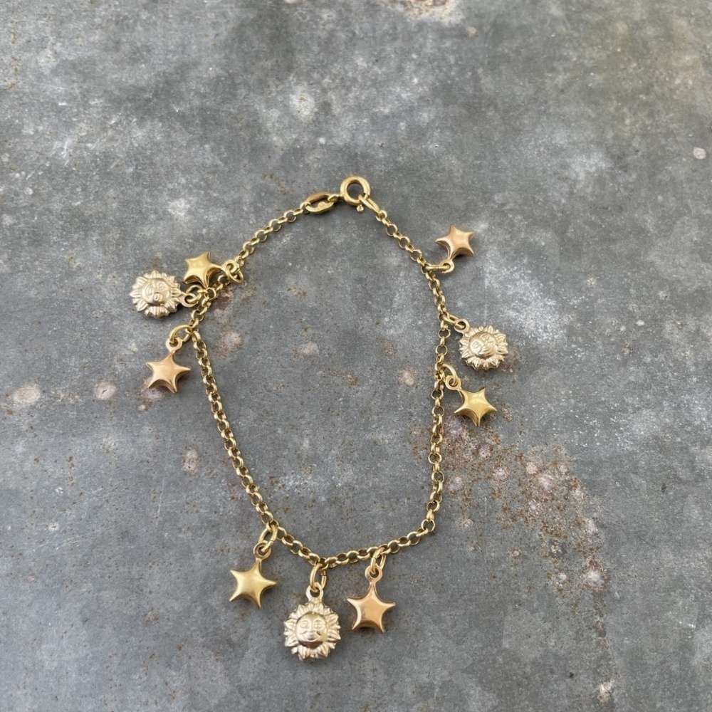 Vintage 18k Yellow Gold Celestial Charm Bracelet Sun Star 6.73g Italy - Picture 5 of 5